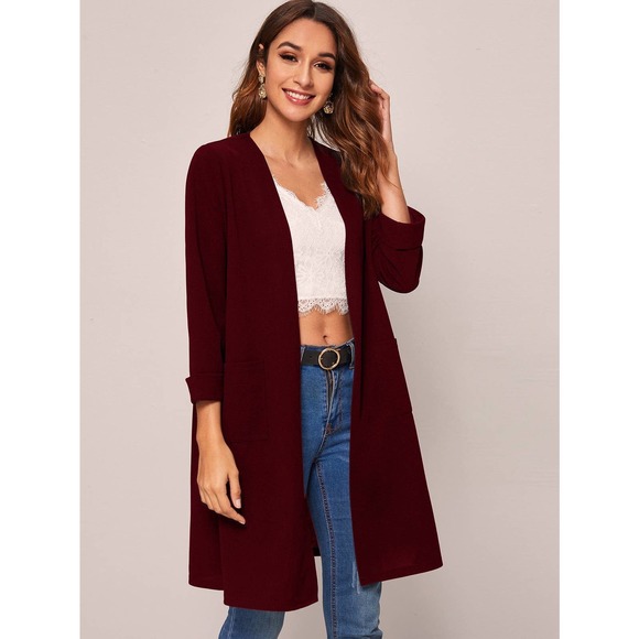 Open Front casual long blazer Coat collarless black minimalist - Picture 8 of 8